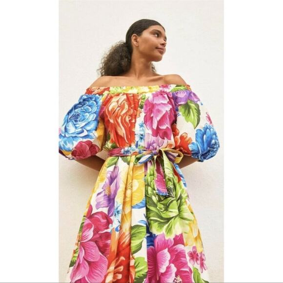 Anthropologie Farm Rio Rainbow Chita Off Shoulder Maxi Dress Small puff sleeve - Picture 3 of 8